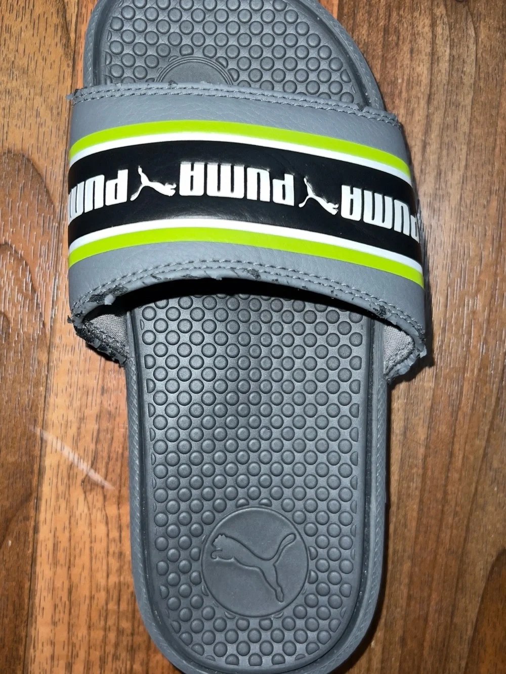 Puma Gray Slides with Neon Green and Black Stripes